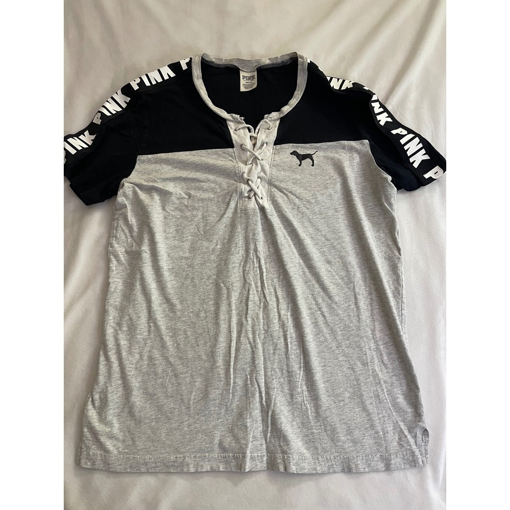 Victoria's Secret PINK Lace Up Colorblock Logo Tape T-Shirt Gray Black Medium